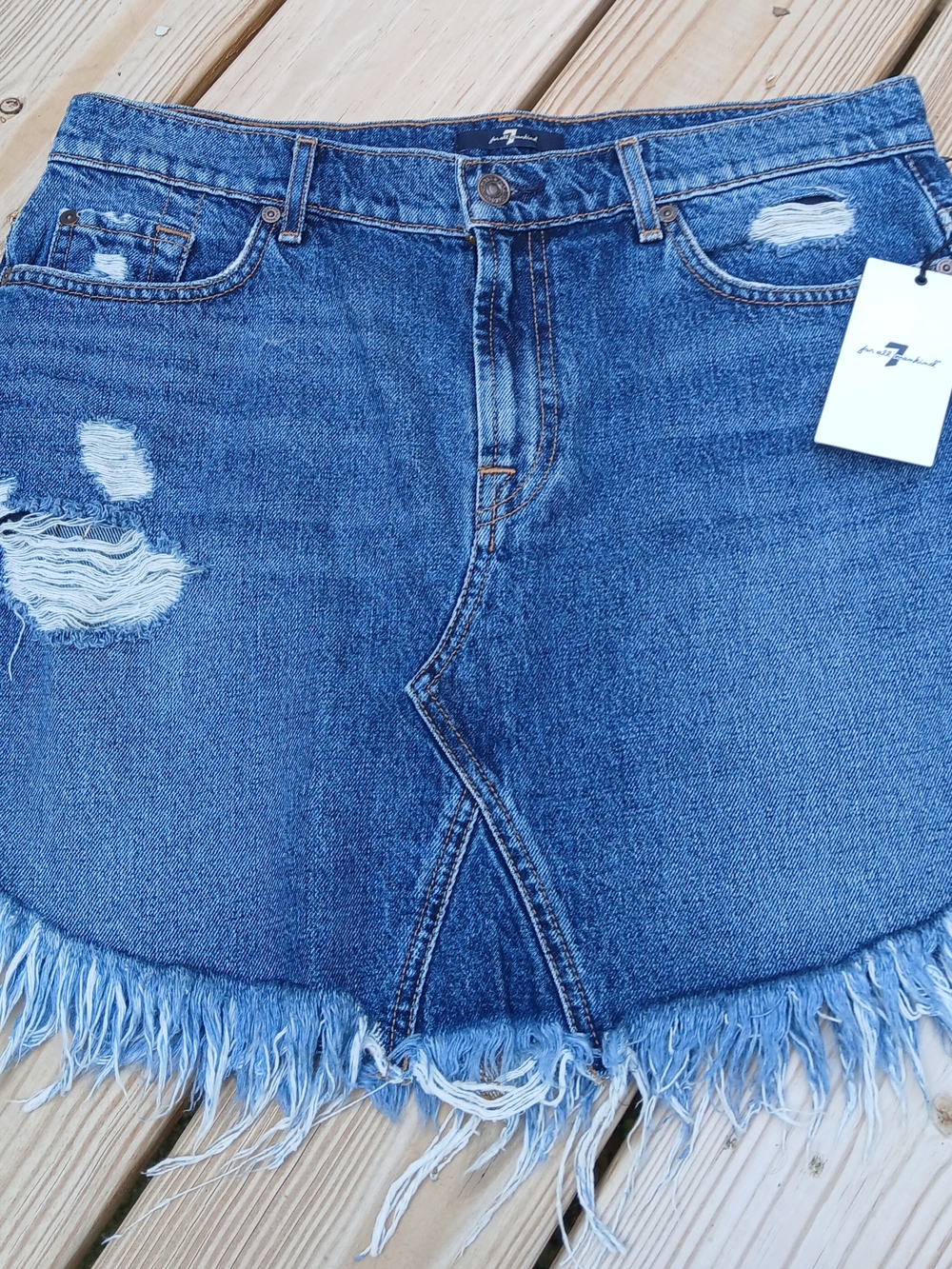7 For All Mankind Blue Denim Skirt with Contrast Topstitching